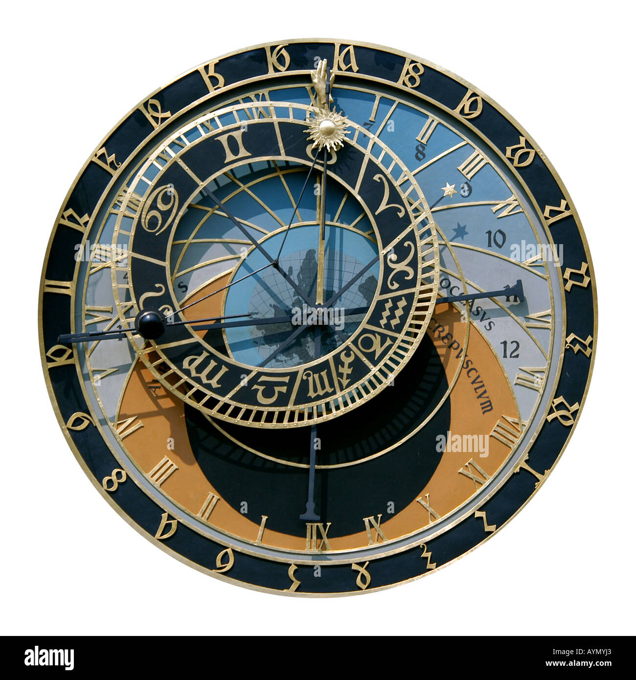 Famoso orologio astronomico di Praga, Repubblica Ceca, isolato su bianco Foto Stock