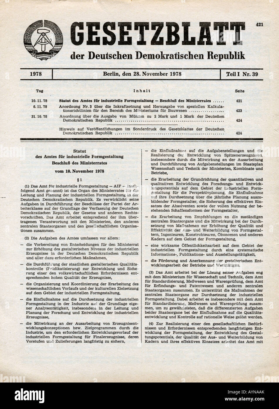 Giustizia, leggi, pubblicazione della legge di 'Statut des Amtes für industrielle Formgestaltung', GDR, 1978, Foto Stock