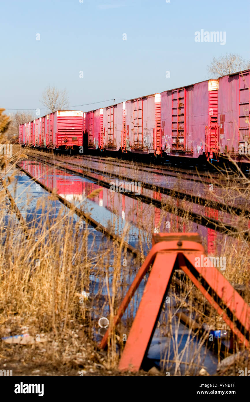 Vecchio boxcars sono memorizzati sul lato sud di Chicago, IL. Foto Stock