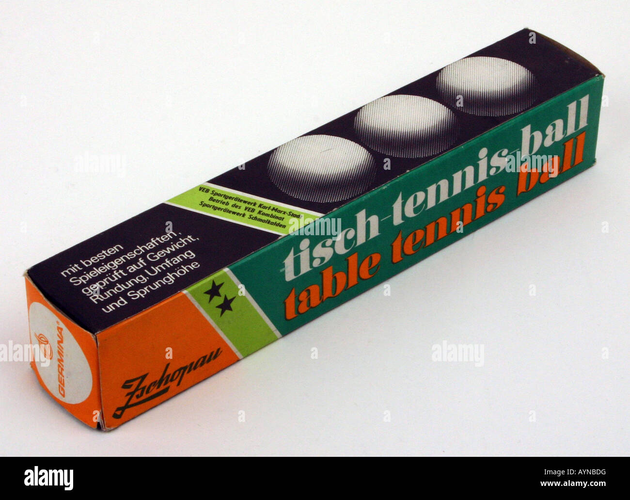 Tempo libero, ping-pong, box con palle da ping-pong Germina, prodotto da VEB sportgerätewerk, Karl-Marx-Stadt, GDR, 1980s, Foto Stock