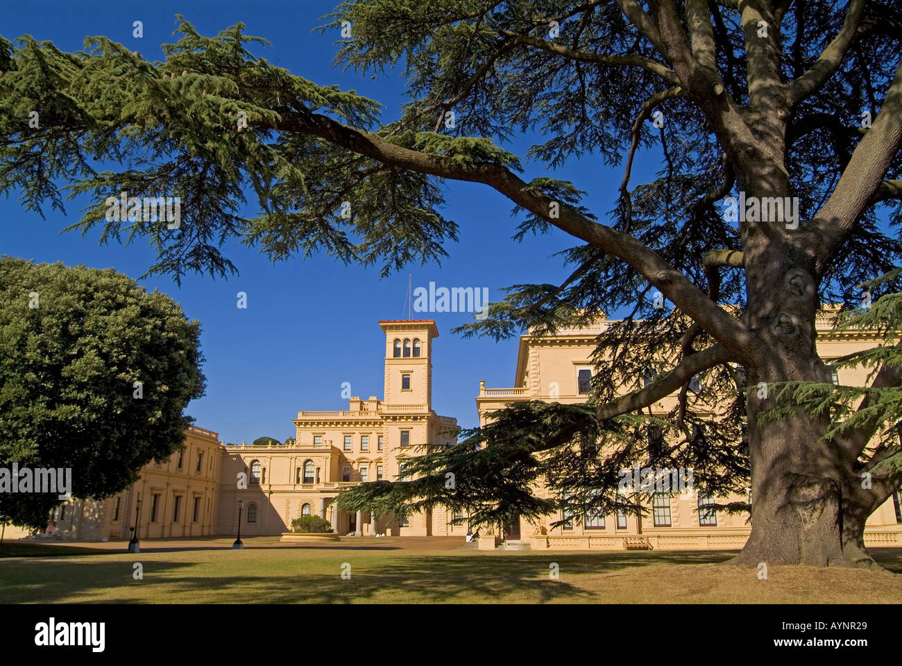 Osborne House East Cowes Isola di Wight in Inghilterra UK incorniciata dagli alberi English Heritage JMH0831 Foto Stock