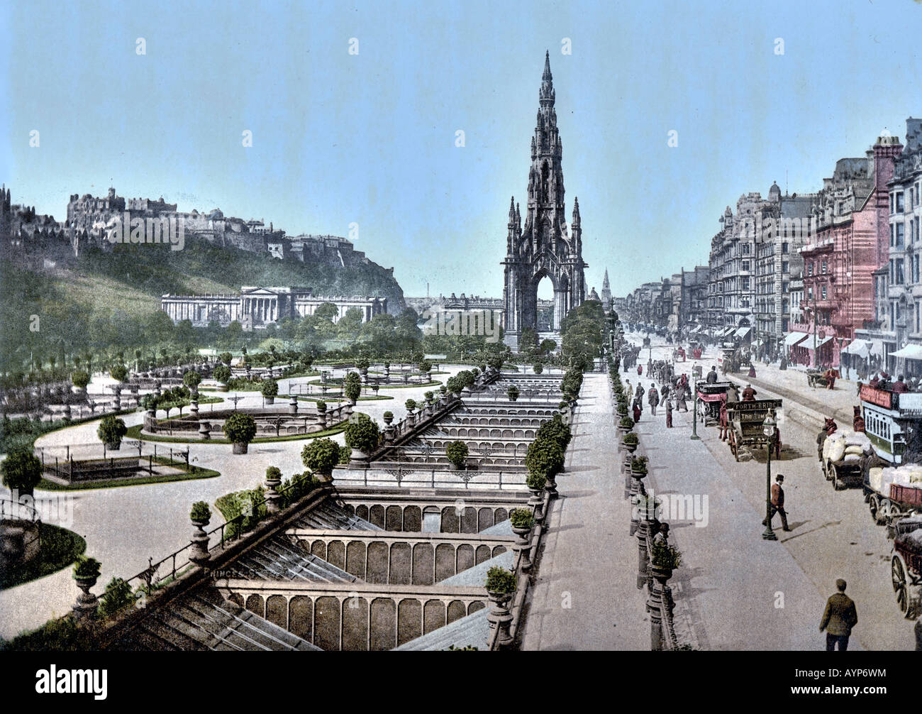 Sir Walter Scott Monument da Princess Street, Edinburgh Scotland Regno Unito, Arte 1890 a 1900 Foto Stock