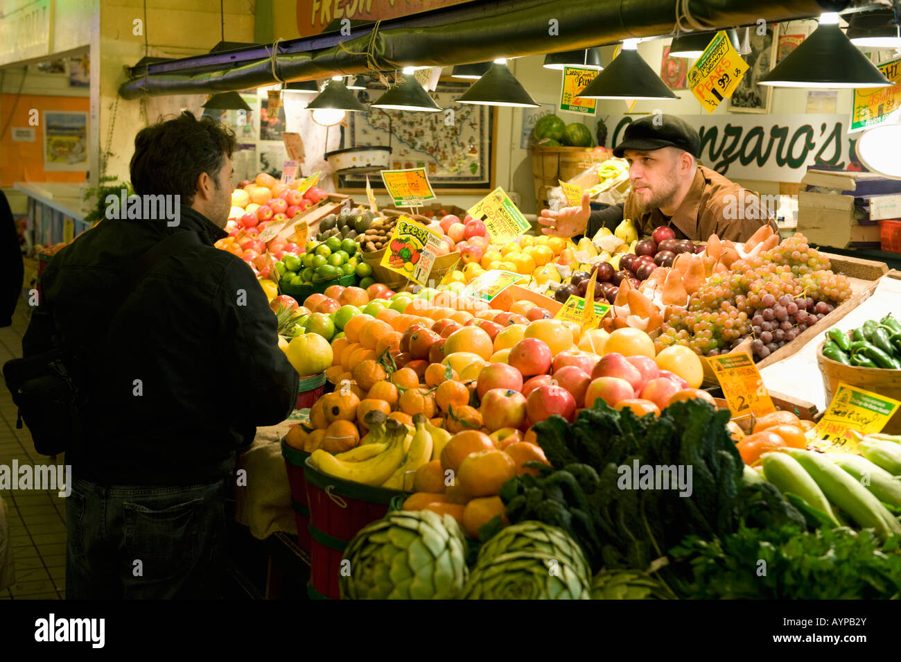 Frutta Stand, del Mercato di Pike Place, Seattle Washington Foto Stock