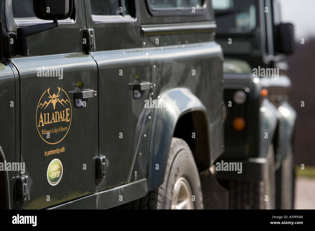 Alladale logo sul Land Rover Alladale station wagon, Sutherland, Scozia. Foto Stock