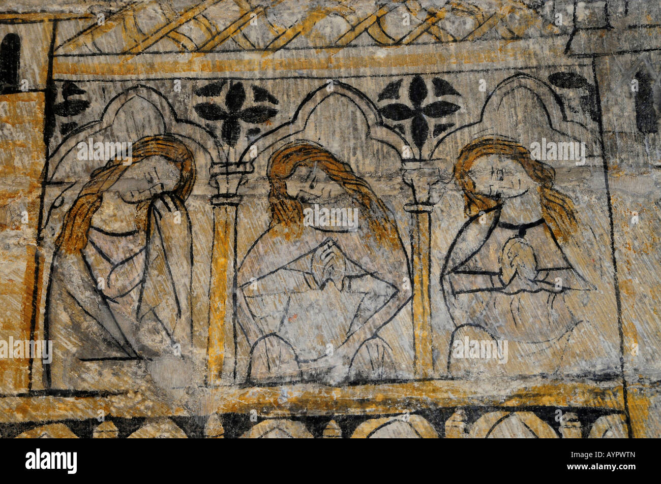 "Castillos de amor, ' Quattordicesimo secolo gotico murale a parete nella torre del Homenaje Parador, Alcaniz, provincia di Teruel, Spagna Foto Stock