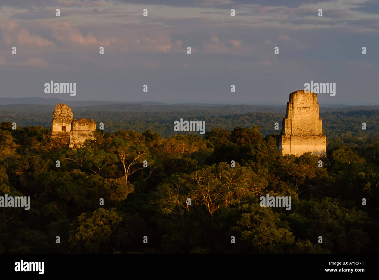 Rovine maya di Tikal - Vista dal Tempio IV al tempio che io, tempio del gigante Jaguar, II e V, Yucatan, Guatemala, Central Ameri Foto Stock