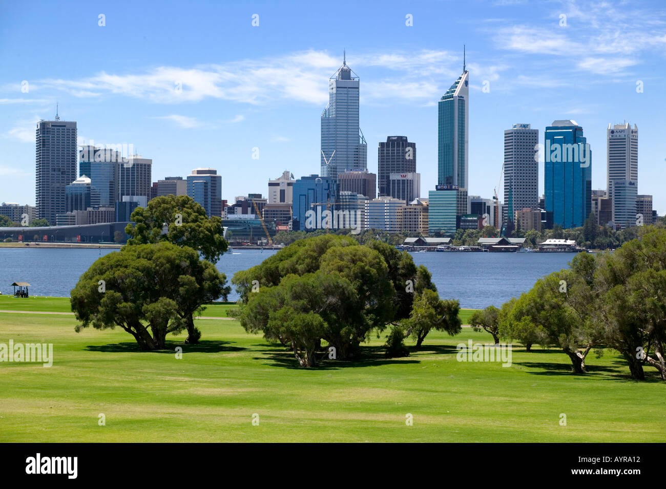 Il quartiere centrale degli affari di Perth Western Australia da Sir James Mitchell Park attraverso il Fiume Swan Foto Stock