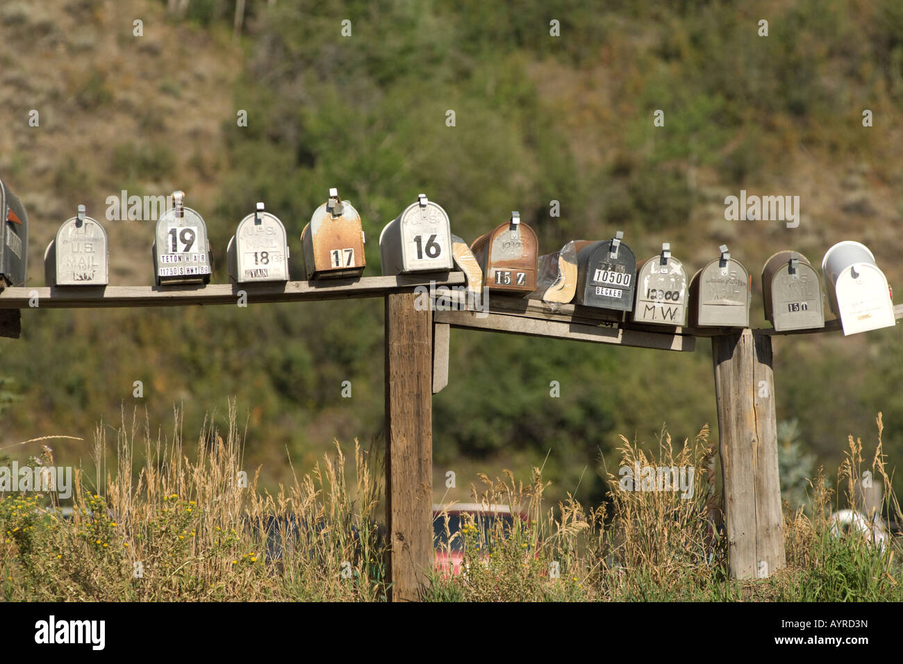 Fila di caselle di posta sul lato della strada in Wyoming, STATI UNITI D'AMERICA Foto Stock
