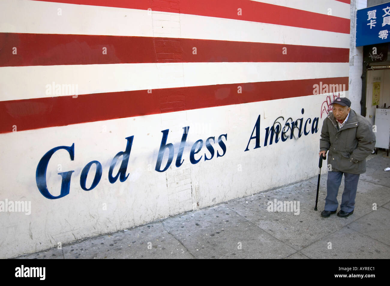 Dio benedica l America murale di Chinatown di San Francisco in California NEGLI STATI UNITI D'AMERICA USA Foto Stock