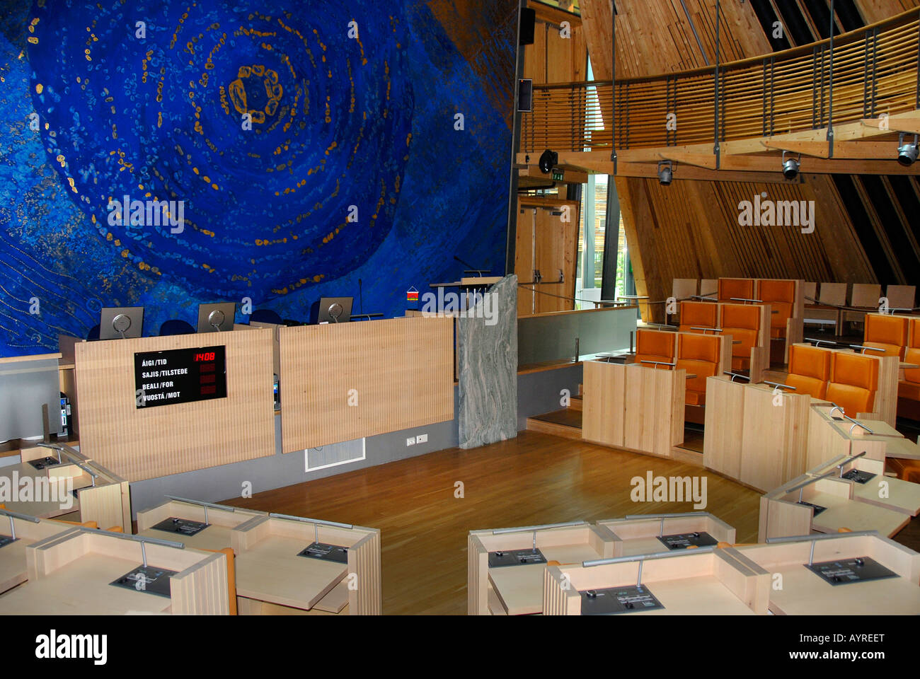 Gli interni moderni del Sameting (Parlamento Sami), Karasjok, Finnmark, Norvegia Foto Stock