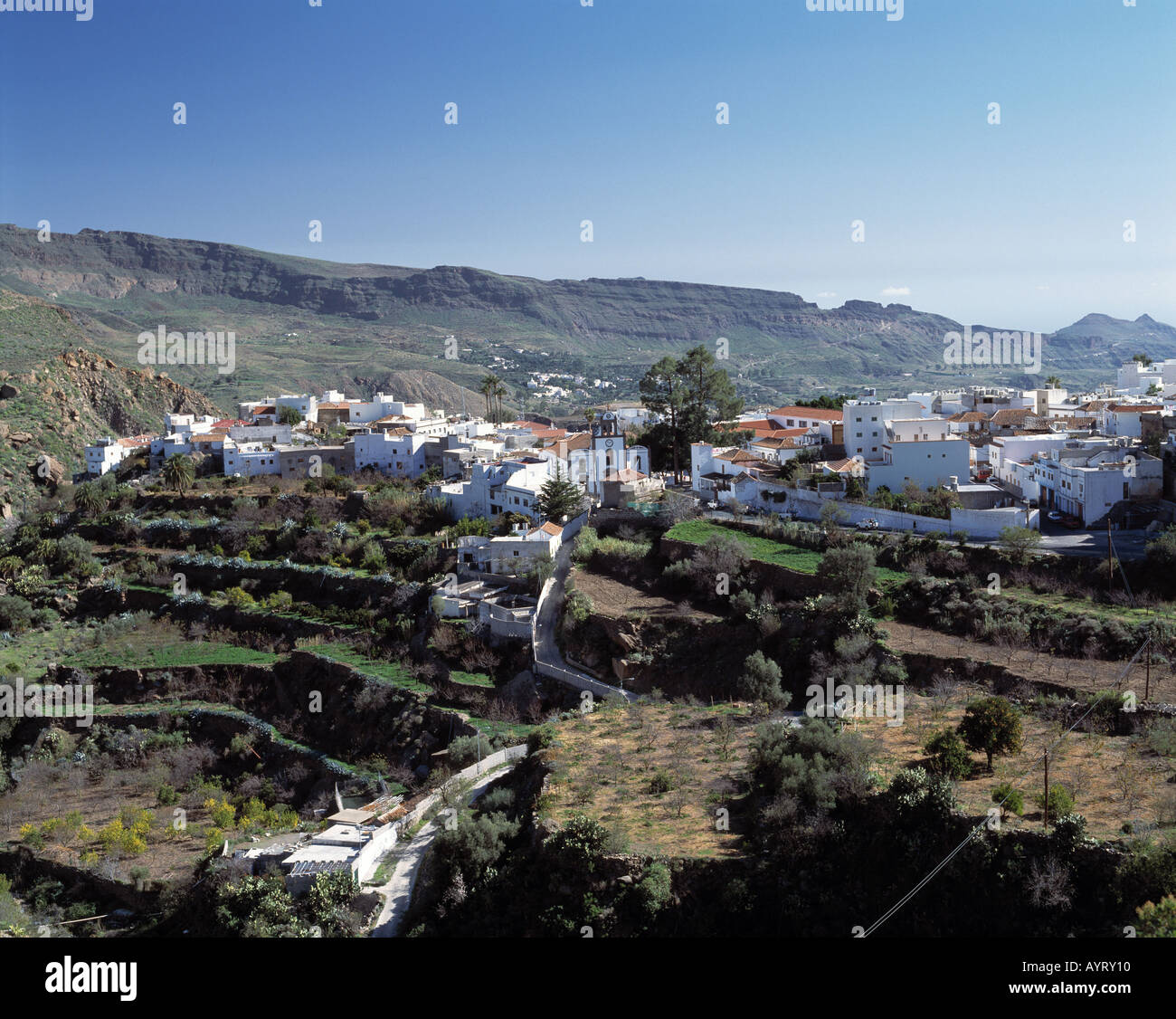 Berglandschaft, Terrassenanbau, Feldanbau, Ortsansicht, San Bartolome de Tirajana, Gran Canaria, Kanarische isole Foto Stock