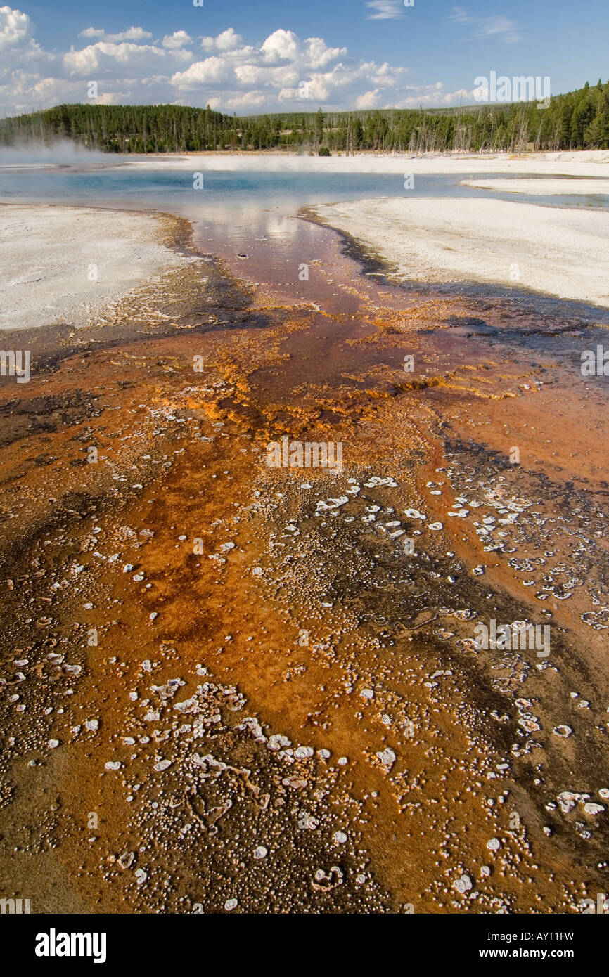 L'acqua che scorre da una primavera calda sabbia nera bacino, il Parco Nazionale di Yellowstone, Wyoming USA Foto Stock
