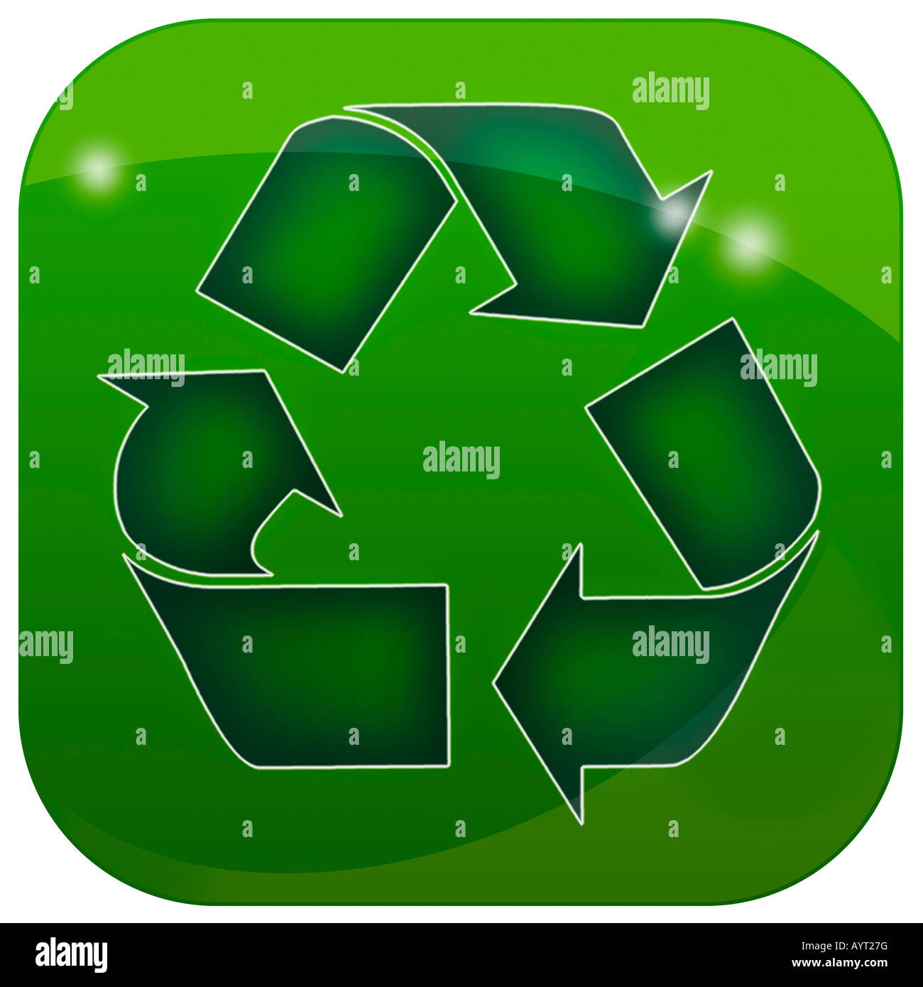 Il logotipo universale utilizzato per materiale riciclabile. Logo universel des matériaux recyclables sur badge onu de plastique brillant Foto Stock