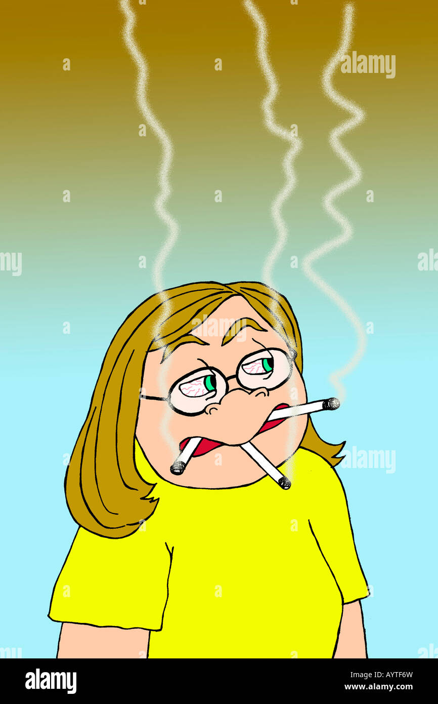 Illustrazione: donna di fumare tre sigarette. Foto Stock