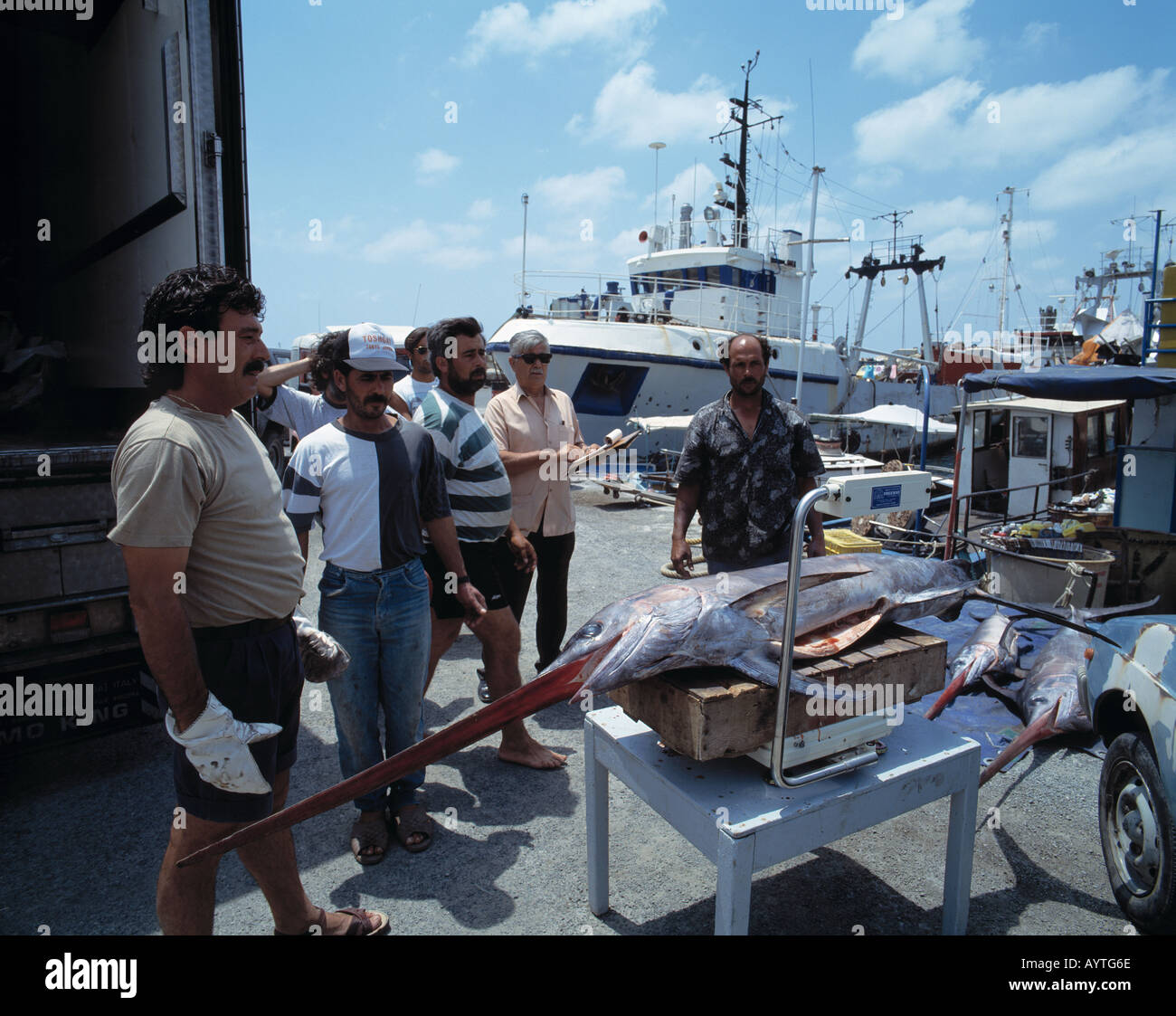 Cipro, CY-Lemesos, porto antico porto di pescatori, pescatori, pesatura di swordfishes Foto Stock