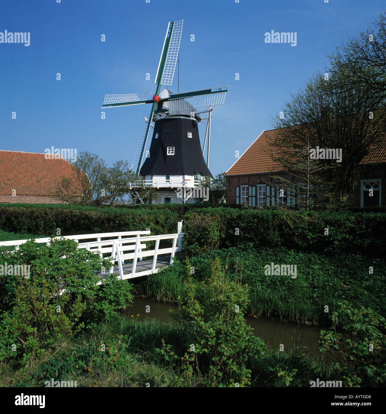 Seriemer Windmuehle, weisse Holzbruecke, Fussgaengerbruecke ueber einen Kanal, Neuharlingersiel, Ostfriesland, Bassa Sassonia Foto Stock