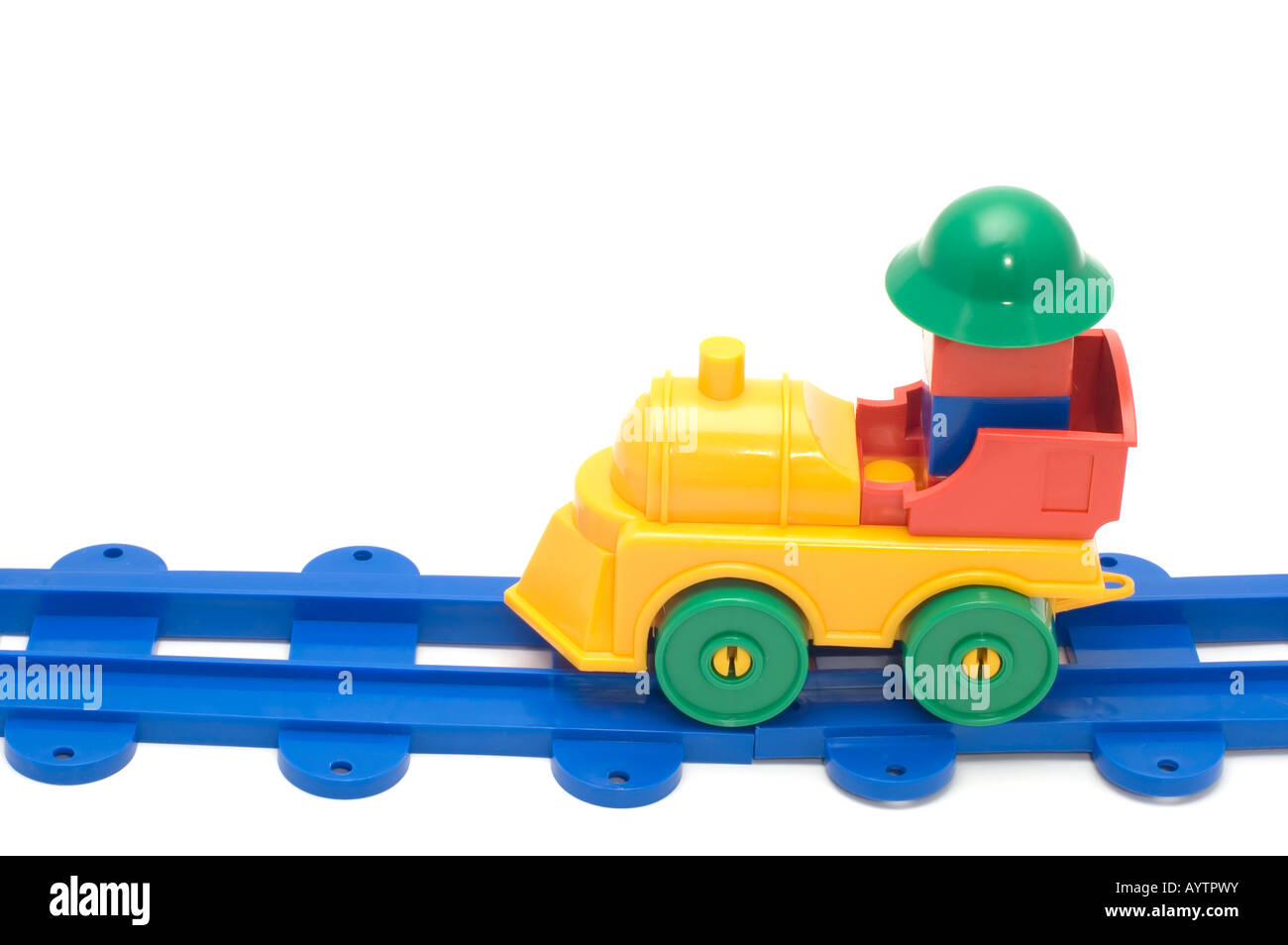 Oggetto di serie su bianco ferrovia giocattolo motore e linea di diramazione Foto Stock