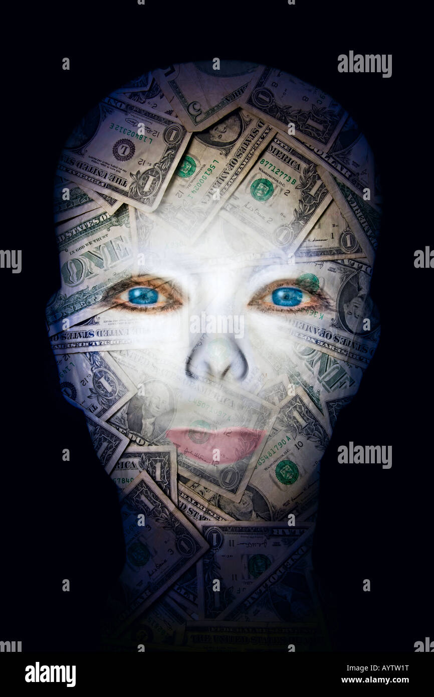 Manichino in testa con le fatture del dollaro Foto Stock