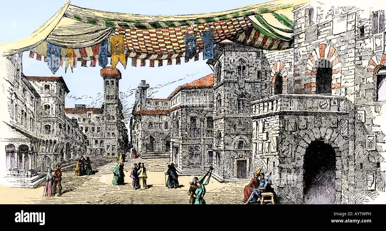 Piazza del Duomo a Firenze durante il Rinascimento. Colorate a mano la xilografia Foto Stock
