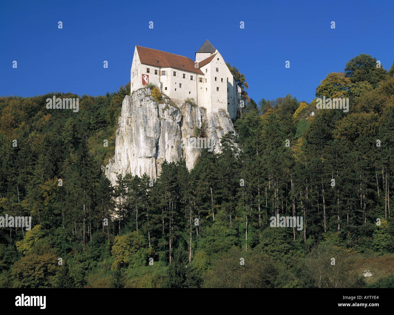 Felsenlandschaft, Waldlandschaft, Schloss Prunn auf einem Steilfelsen, Riedenburg, Naturpark Altmuehltal, Main-Donau-Kanal, Bayern Foto Stock