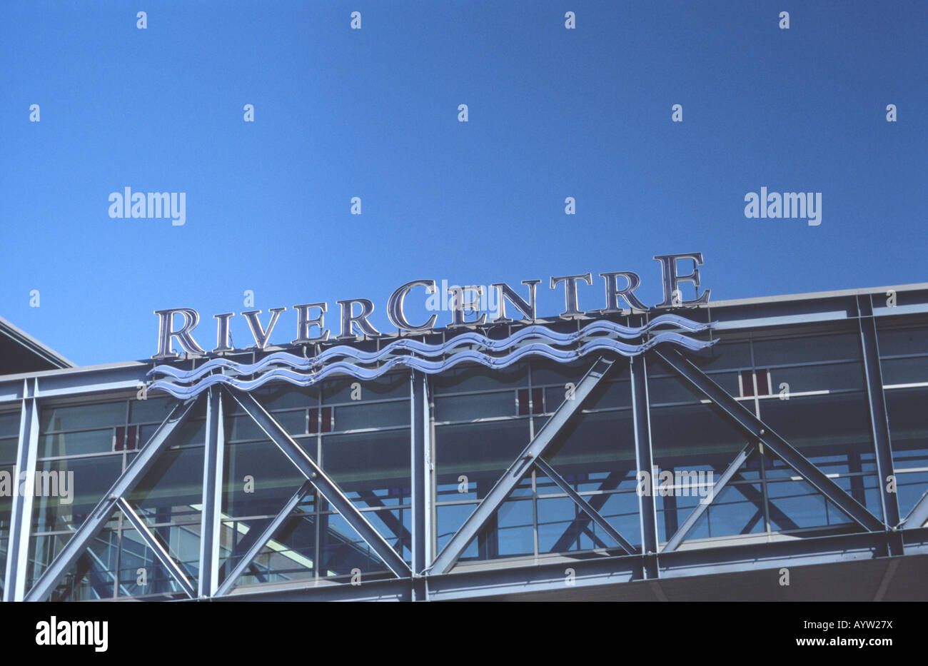 RiverCenter skyway e segno, Saint Paul, MN Foto Stock