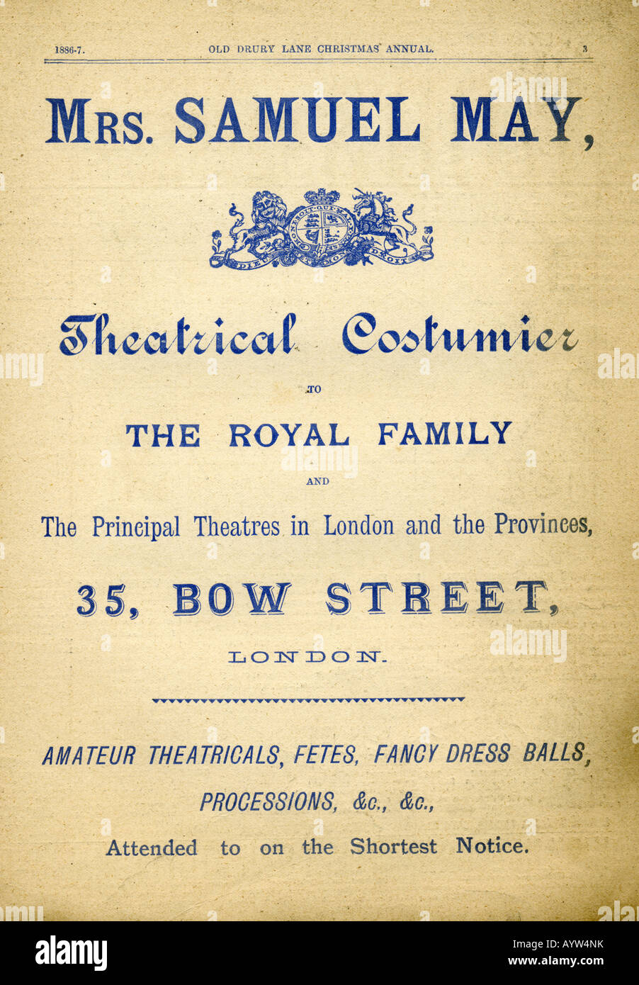 Vittoriano annuncio pubblicitario annuncio 1886 per la onorevole Samuel può Costumier teatrale solo uso editoriale Foto Stock