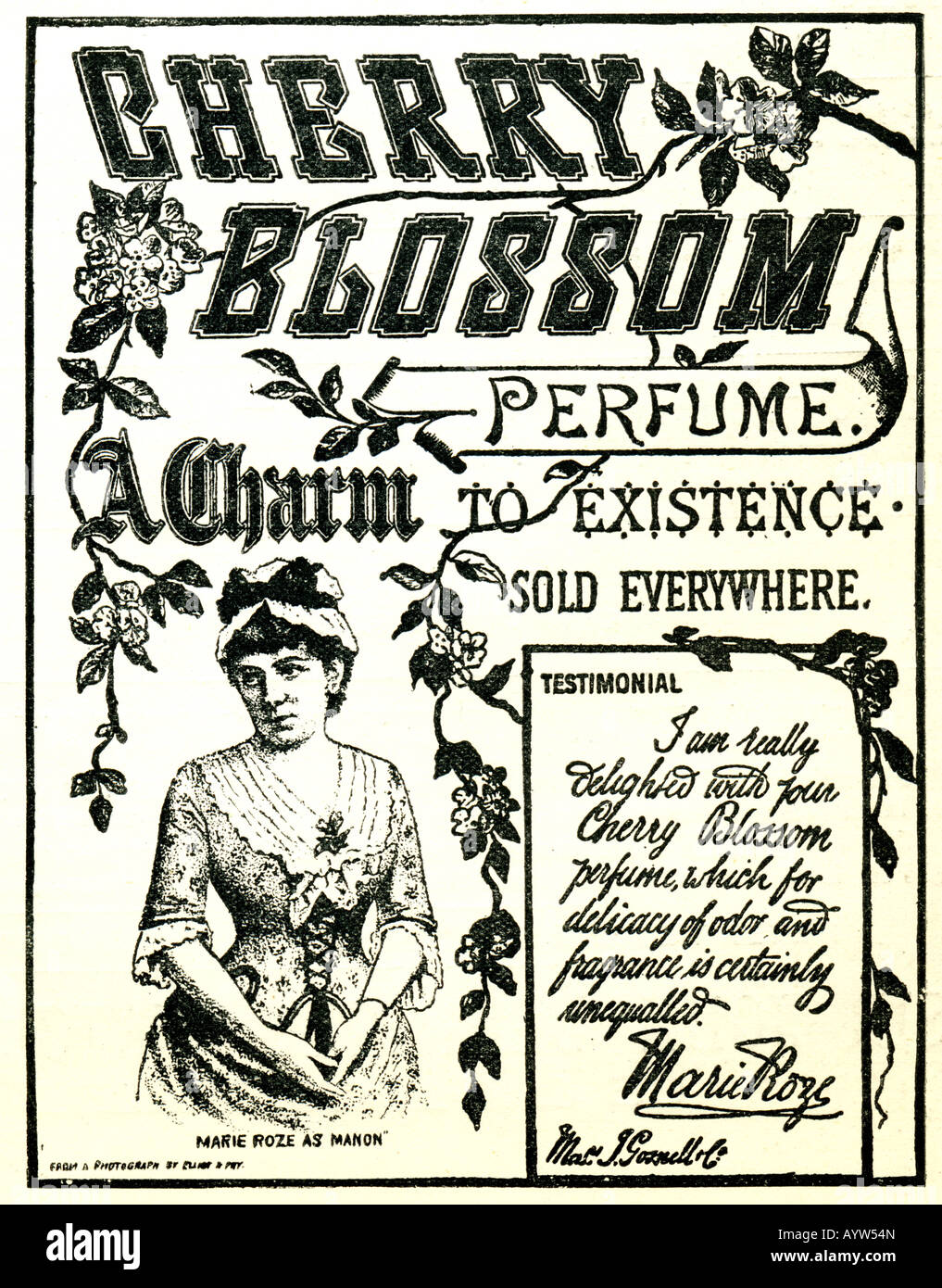 Annuncio vittoriano 1886 per la fioritura dei ciliegi profumo con testimonial dell'attrice Marie Roze per solo uso editoriale Foto Stock
