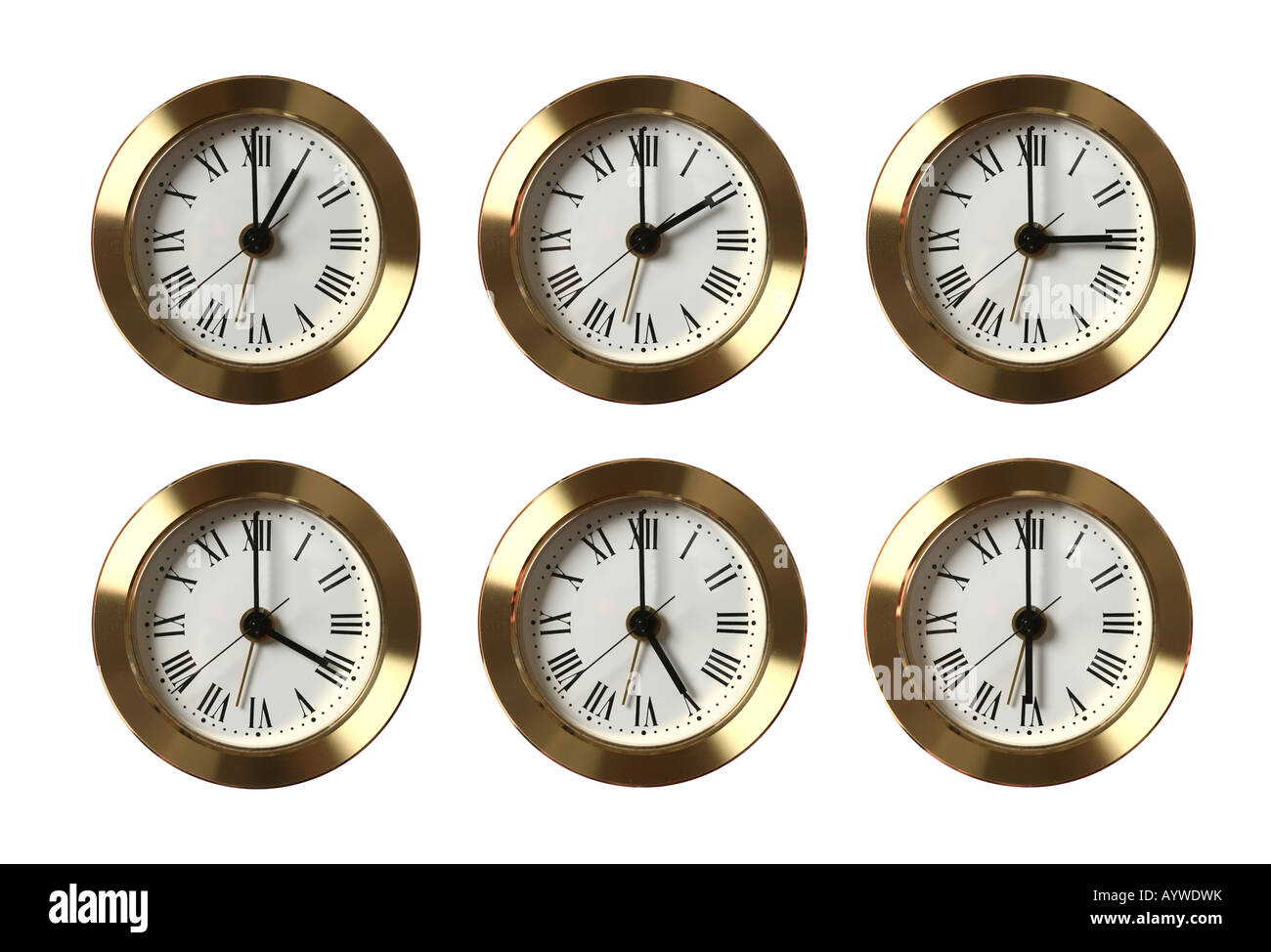 Set di sei orologi che mostra diverse volta isolato su bianco Foto Stock