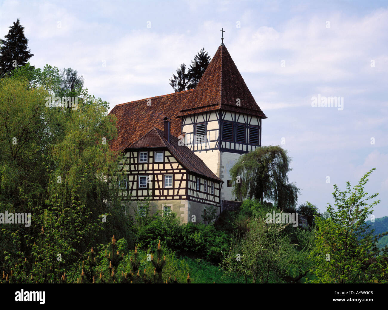 Walterichskirche, Fachwerkkirche, Murrhardt, Schwaebischer Wald, Naturpark Schwaebisch-Fraenkischer Wald, Baden-Wuerttemberg Foto Stock