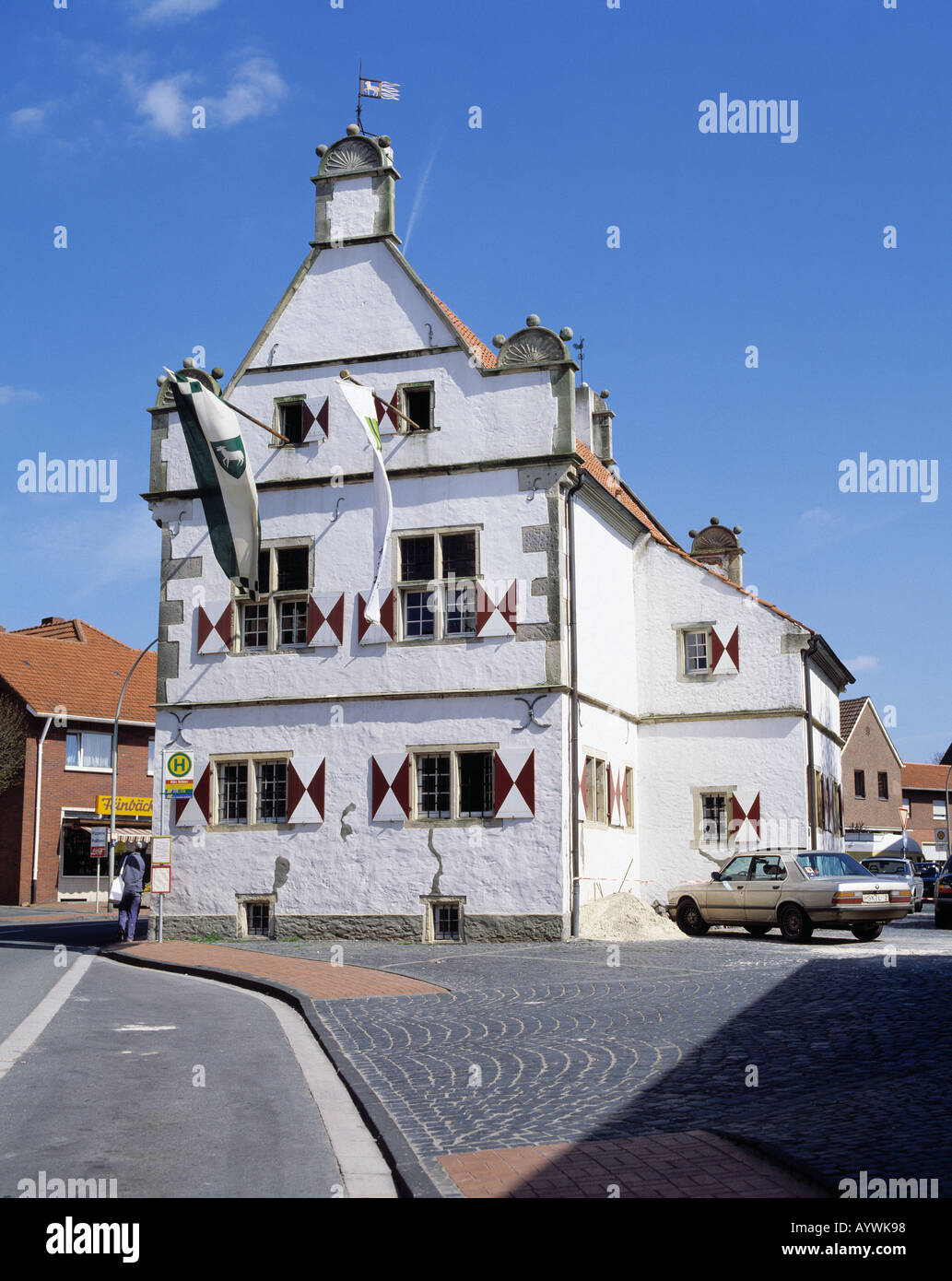 Il Rathaus in Schoeppingen, Muensterland, Renania settentrionale-Vestfalia Foto Stock
