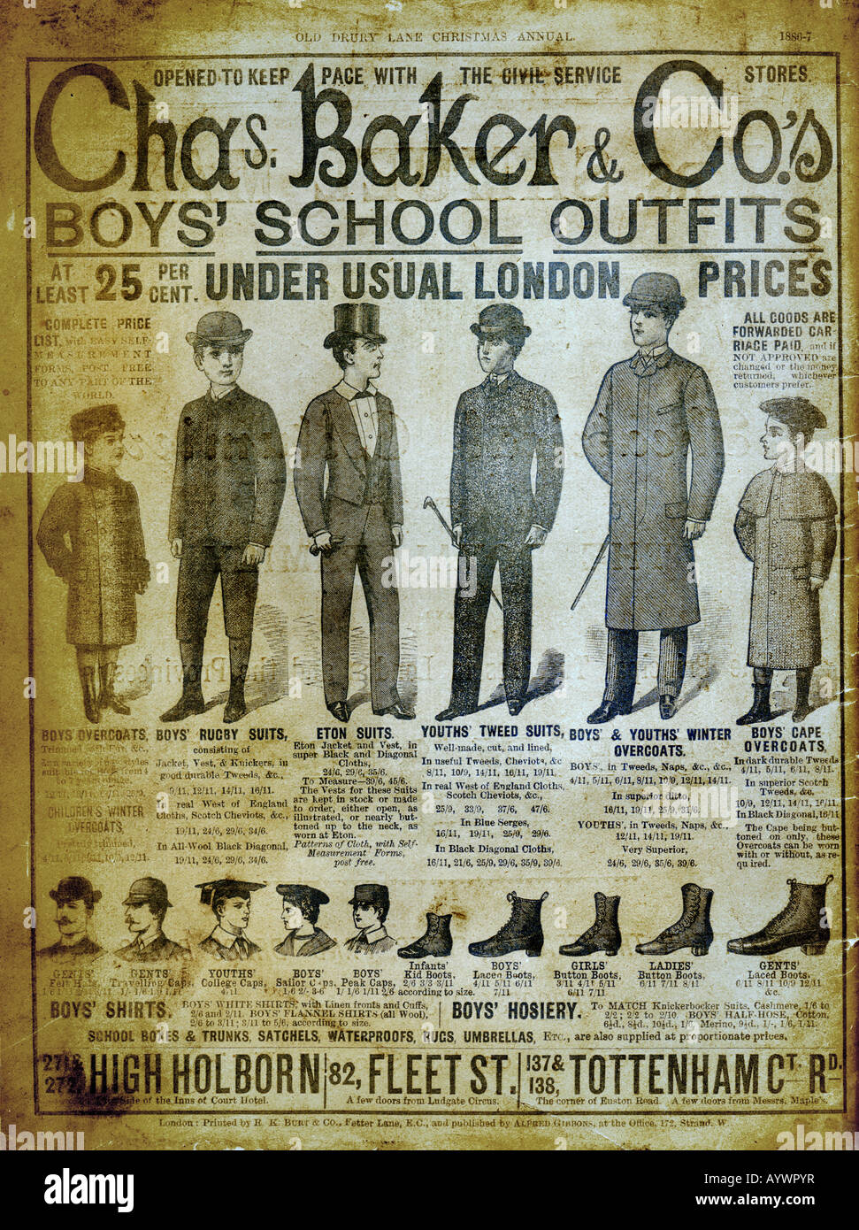 Annuncio vittoriano 1886 per Chas Baker di Londra Scuola maschile vestitini solo uso editoriale Foto Stock