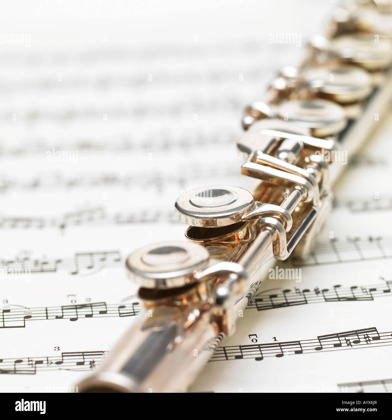 Flauto sullo spartito musicale Foto Stock