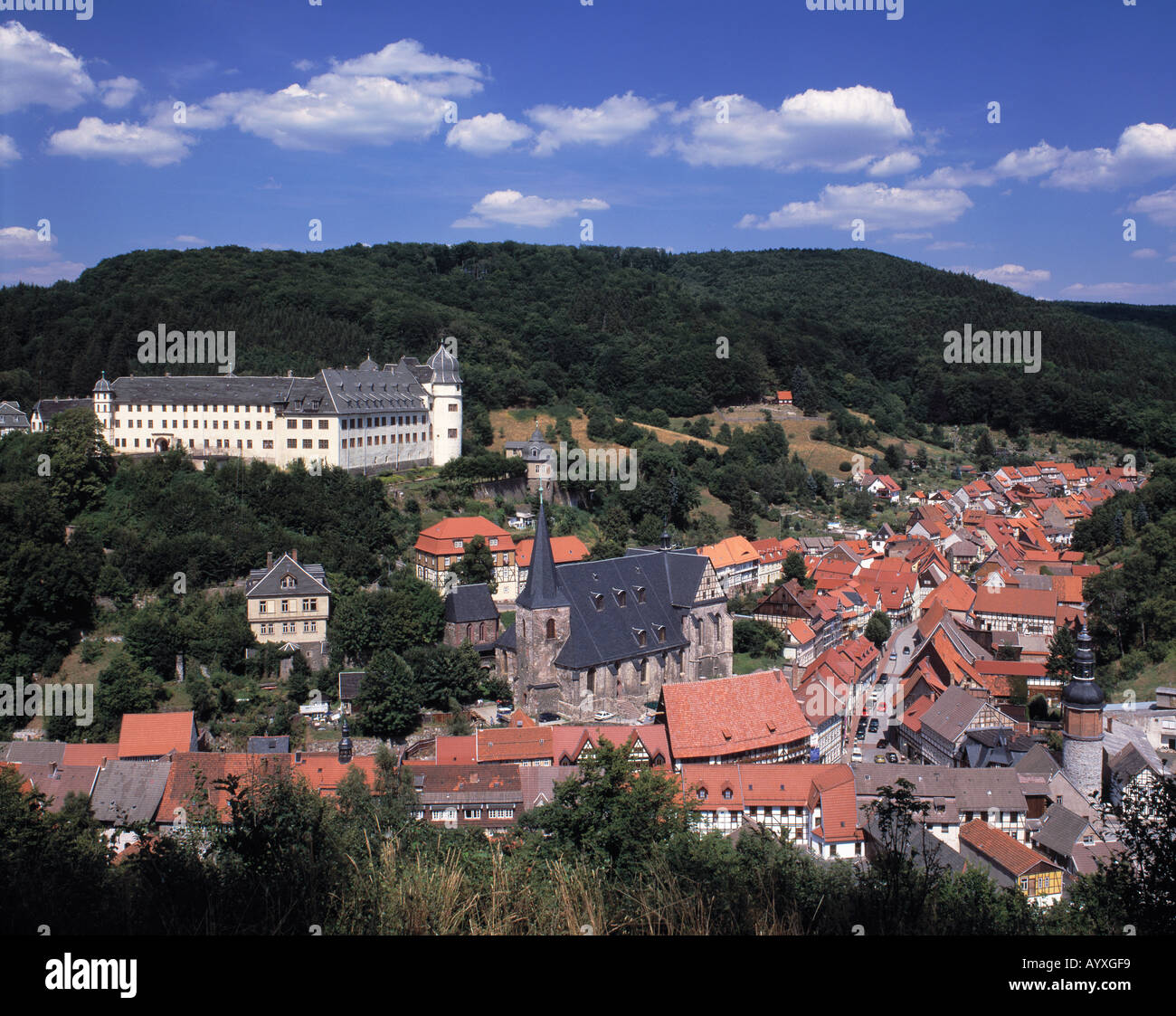 Panoramaansicht von Stadt und Renaissanceschloss, Stolberg (Harz), Kurort, Harz, Naturpark Harz, Sachsen-Anhalt Foto Stock