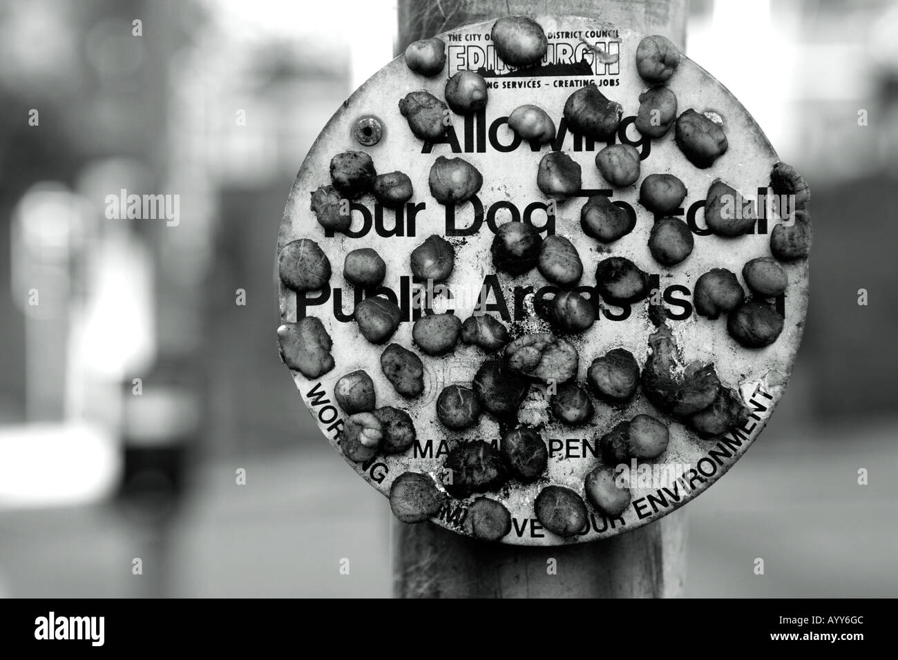 Molti pezzi di gomma da masticare bloccato ad un cartello stradale. Foto Stock