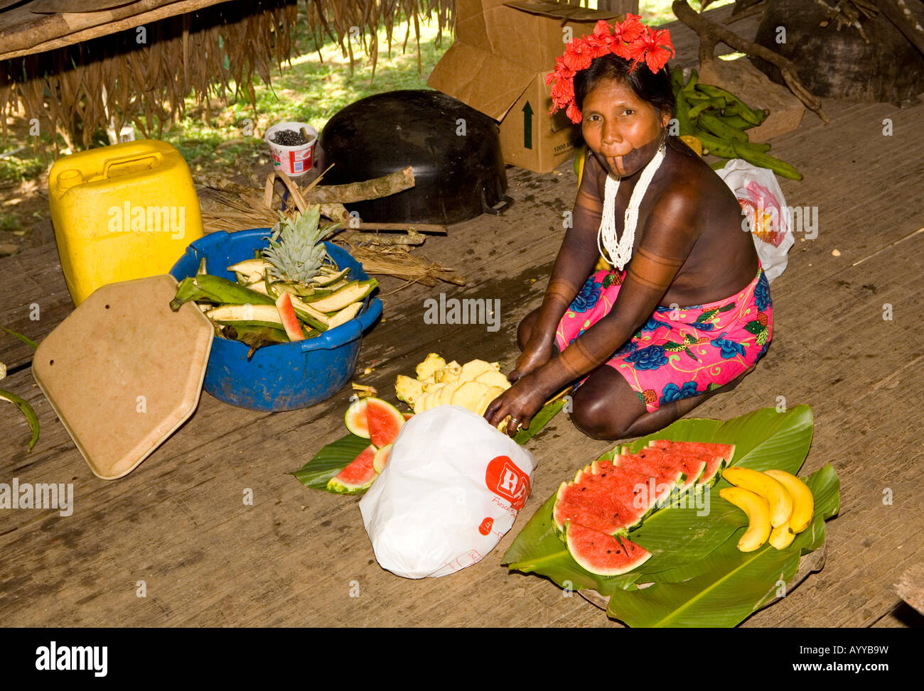 Embera donna indiana in cucina parte del Rifugio Fiume Chagres Panama Foto Stock