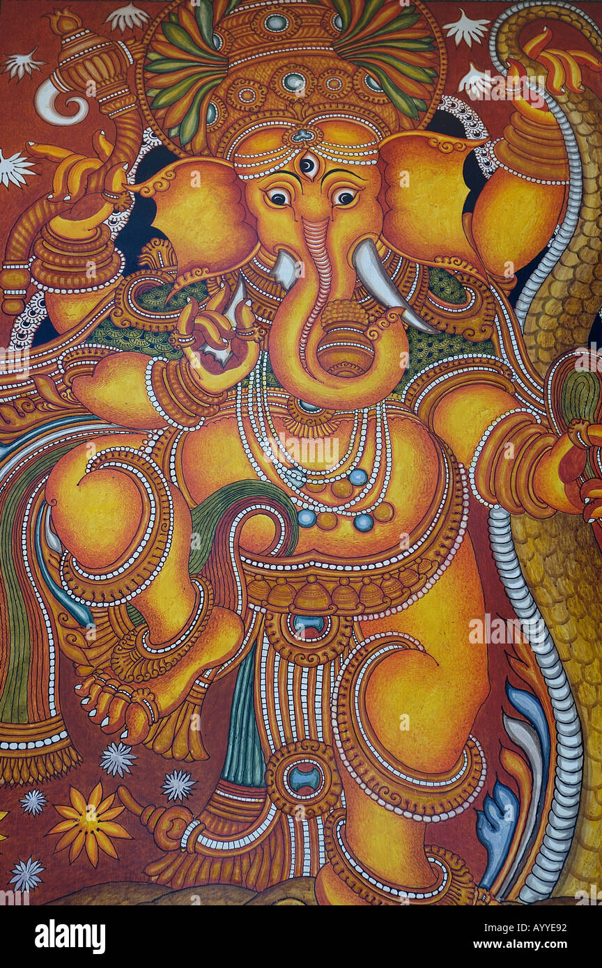 Signore Ganesh dipinte in Kerala stile arte murale dipinto India del Sud Foto Stock