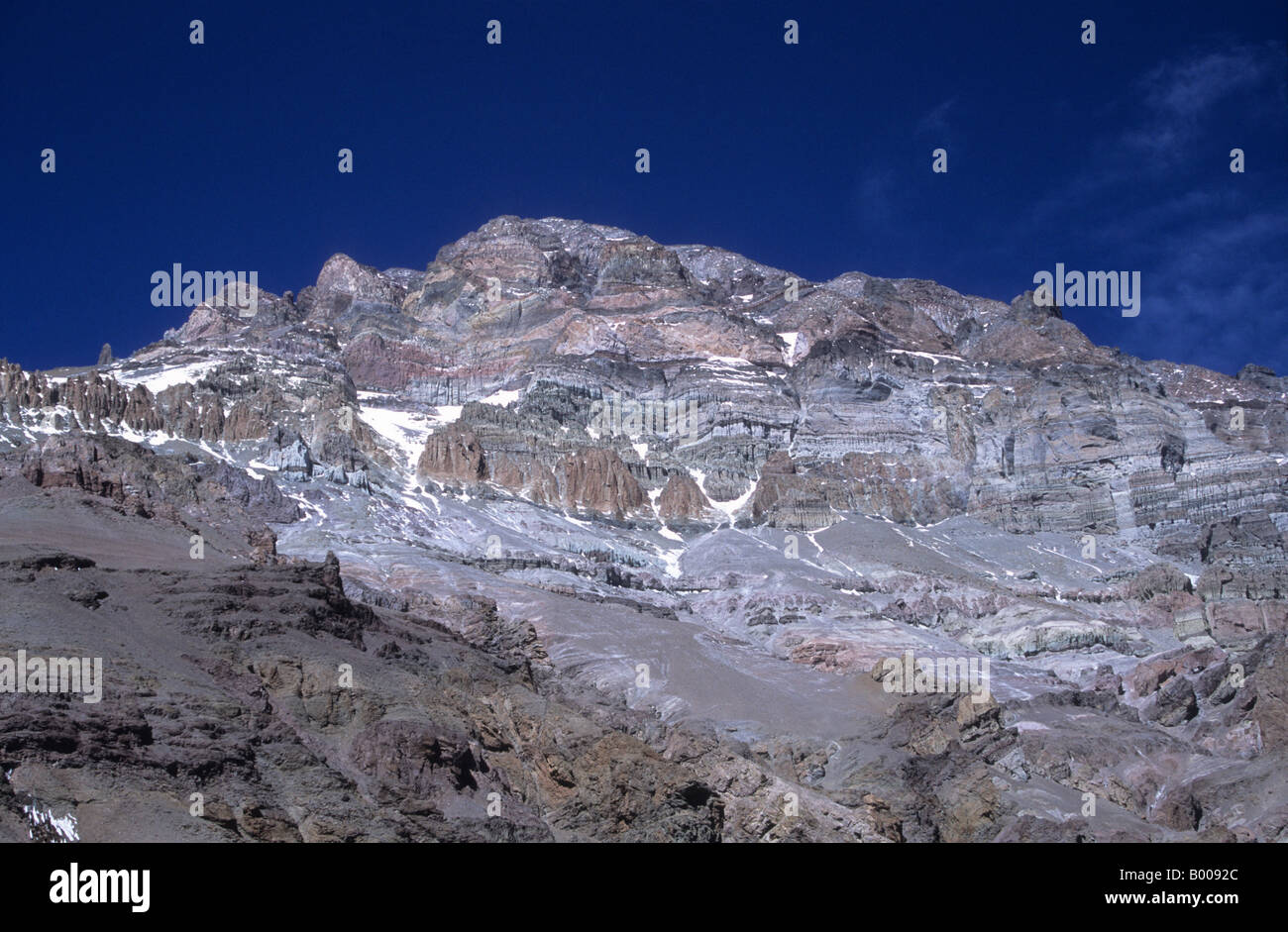 Mt. Aconcagua faccia Ovest, visto dal Campeggio Base Plaza de Mulas, Argentina Foto Stock