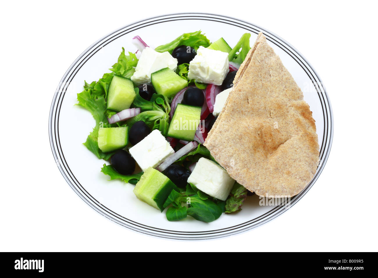 Insalata greca con crostini di pane pitta Foto Stock