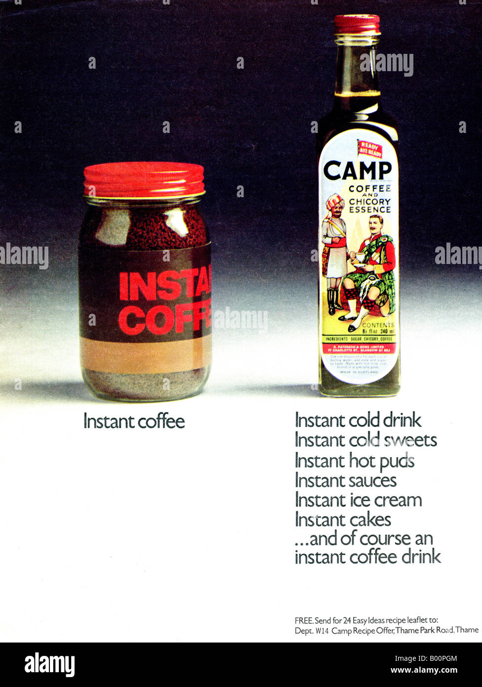 Anni Settanta annuncio rivista per il camp di caffè e di cicoria essenza bere 1973 per solo uso editoriale Foto Stock