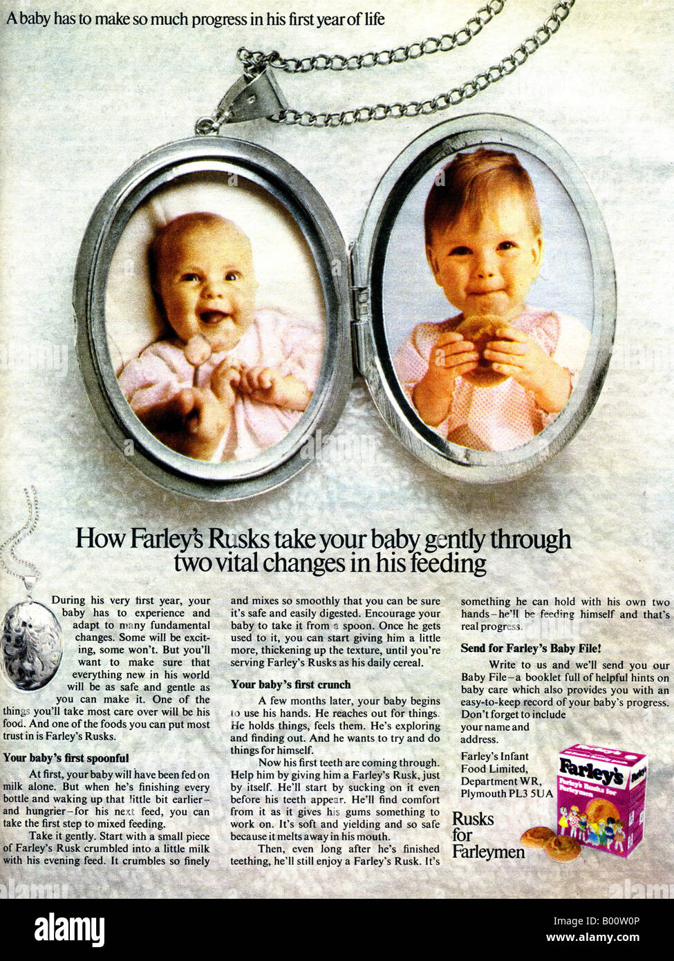Anni Settanta annuncio rivista per Farley di fette biscottate per neonati 1973 per solo uso editoriale Foto Stock