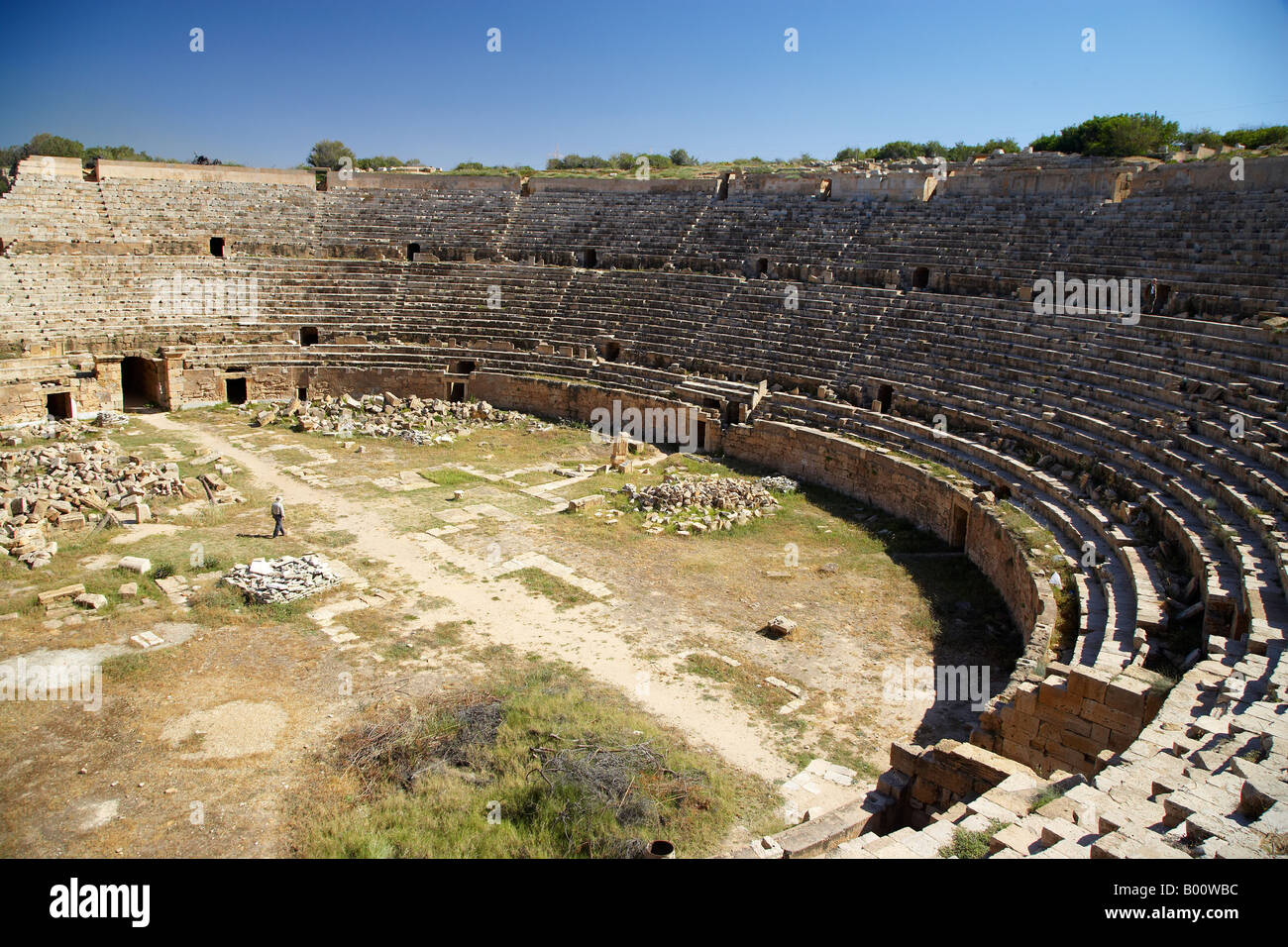 Anfiteatro romano di Leptis Magna, Libia, Nord Africa Foto Stock