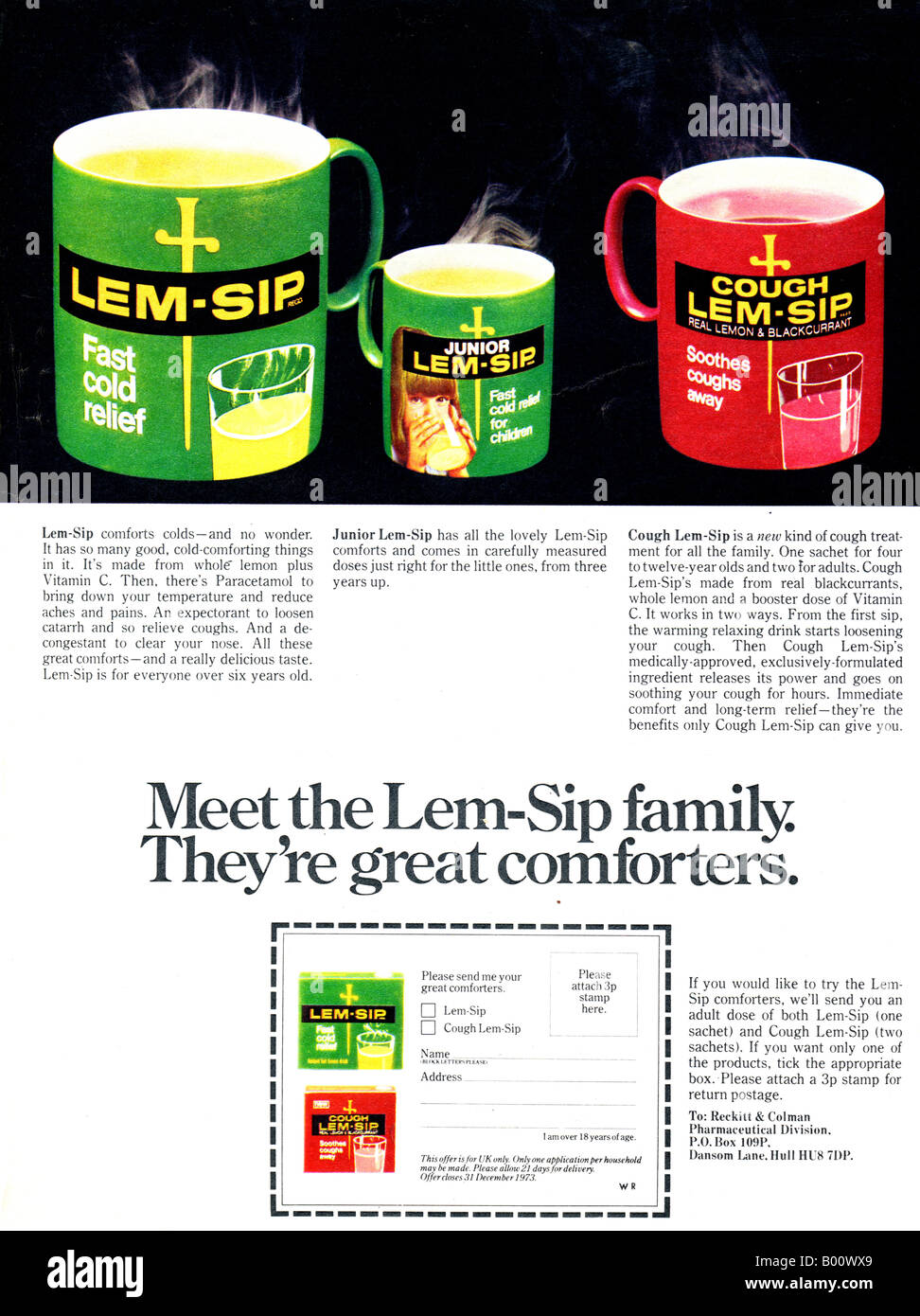 Anni Settanta annuncio rivista per Lem-Sip tosse e raffreddore rilievi da Reckitt & Colman 1973 per solo uso editoriale Foto Stock