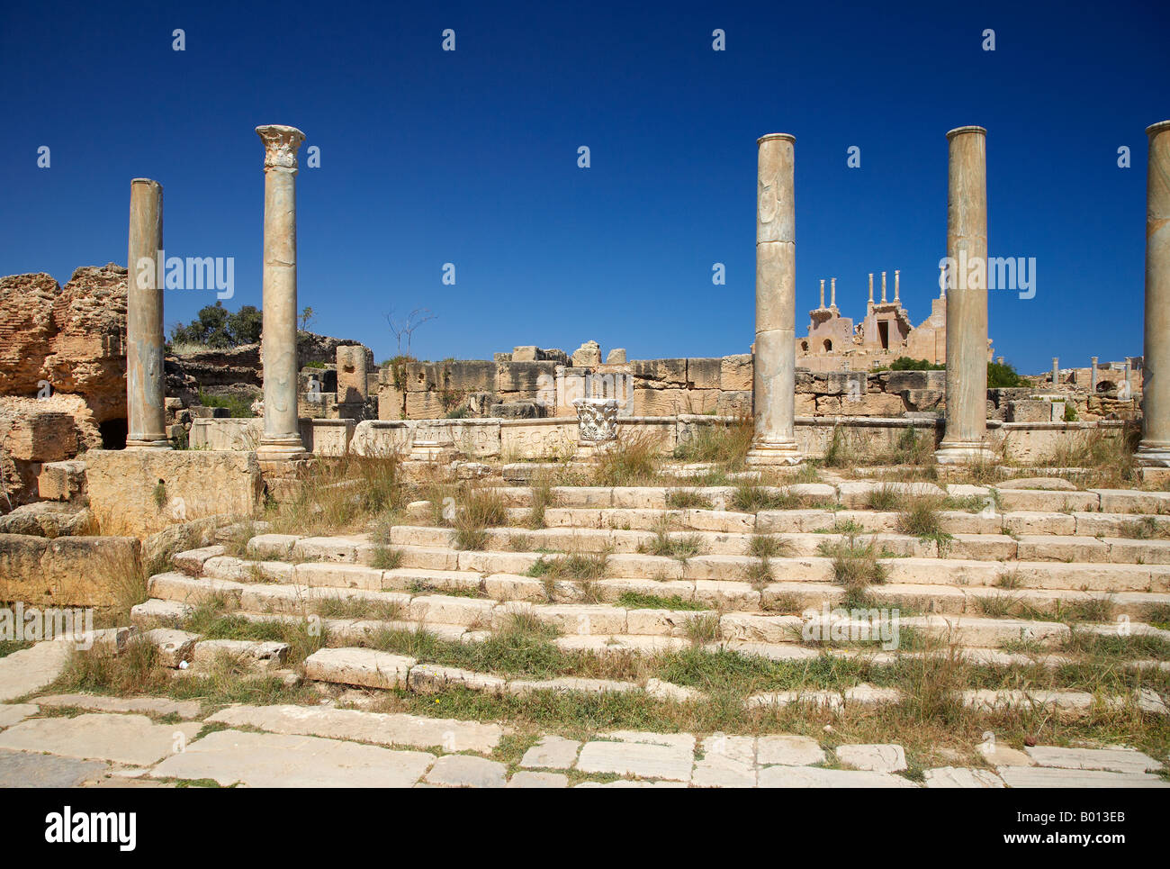 Rovine del Marketplace, a Leptis Magna Libia, Nord Africa Foto Stock
