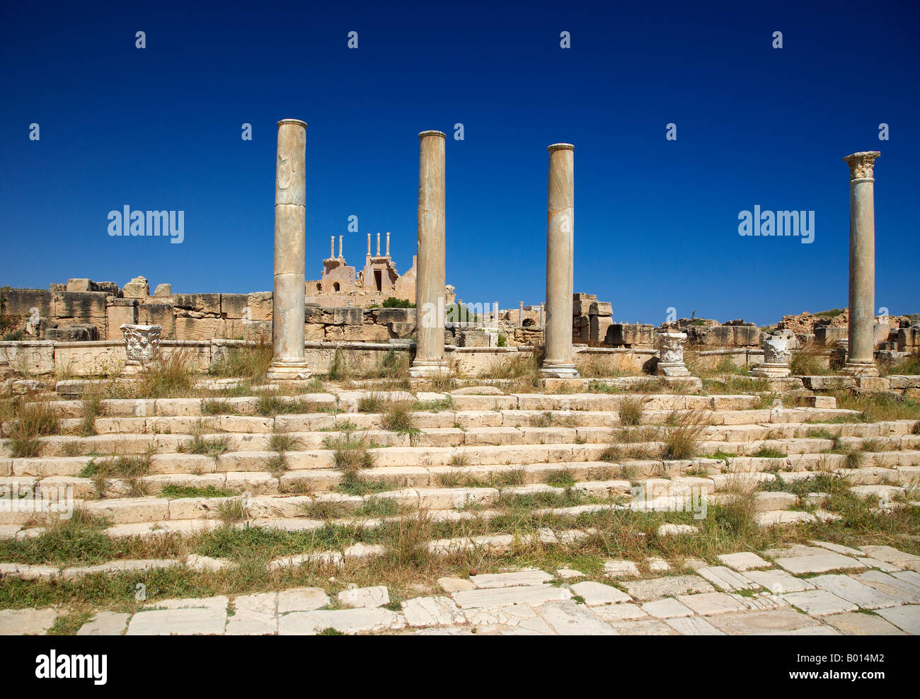 Rovine del Marketplace, a Leptis Magna Libia, Nord Africa Foto Stock