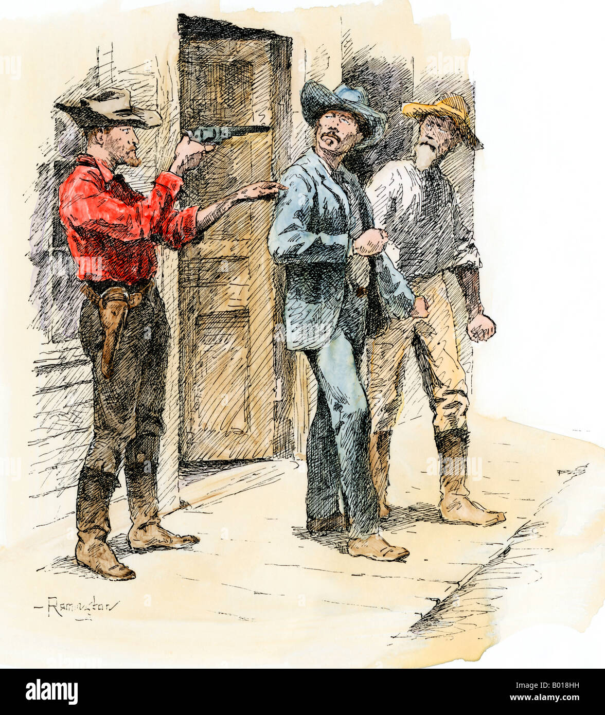 Western gunfighter ottenendo la caduta sugli avversari. Colorate a mano la xilografia di Frederic Remington illustrazione Foto Stock