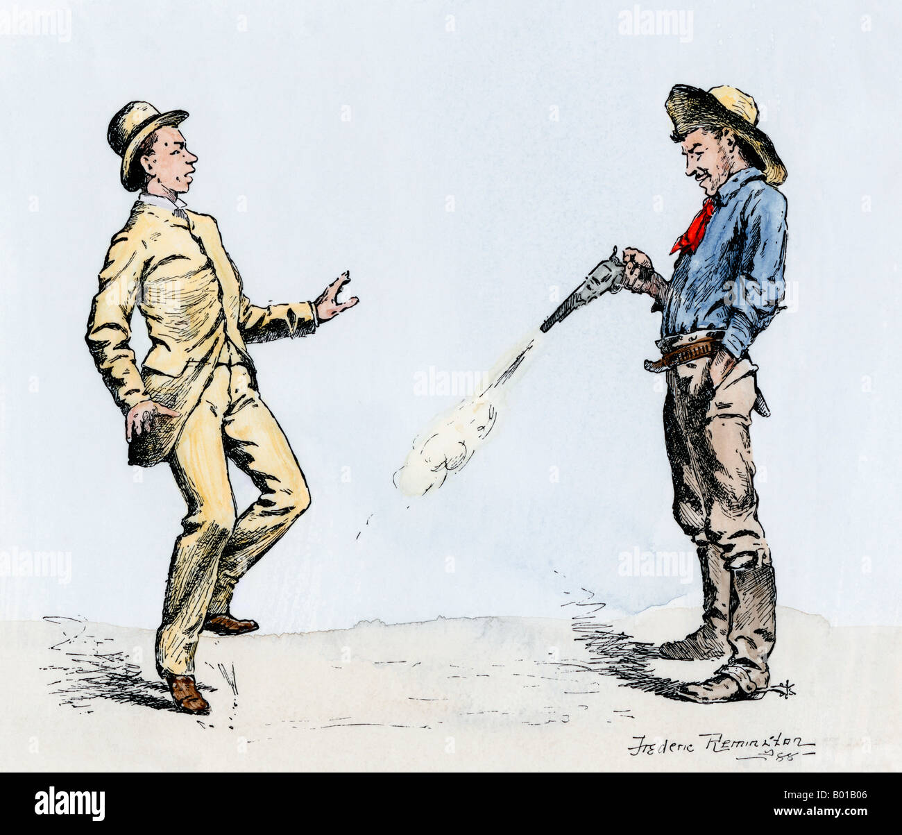 Western gunfighter rendendo la sua vittima di danza. Colorate a mano la xilografia di Frederic Remington illustrazione Foto Stock