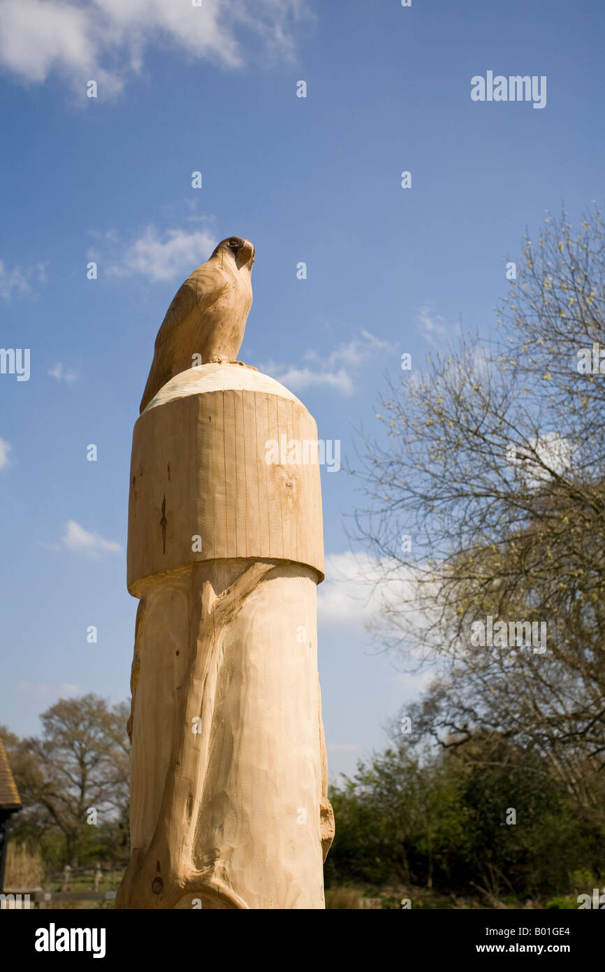 Primo piano di un alto palo totem in legno decorato con sculture di uccelli alla Riserva Naturale RSPB, Pulborough Brooks, West Sussex, Inghilterra, Regno Unito Foto Stock