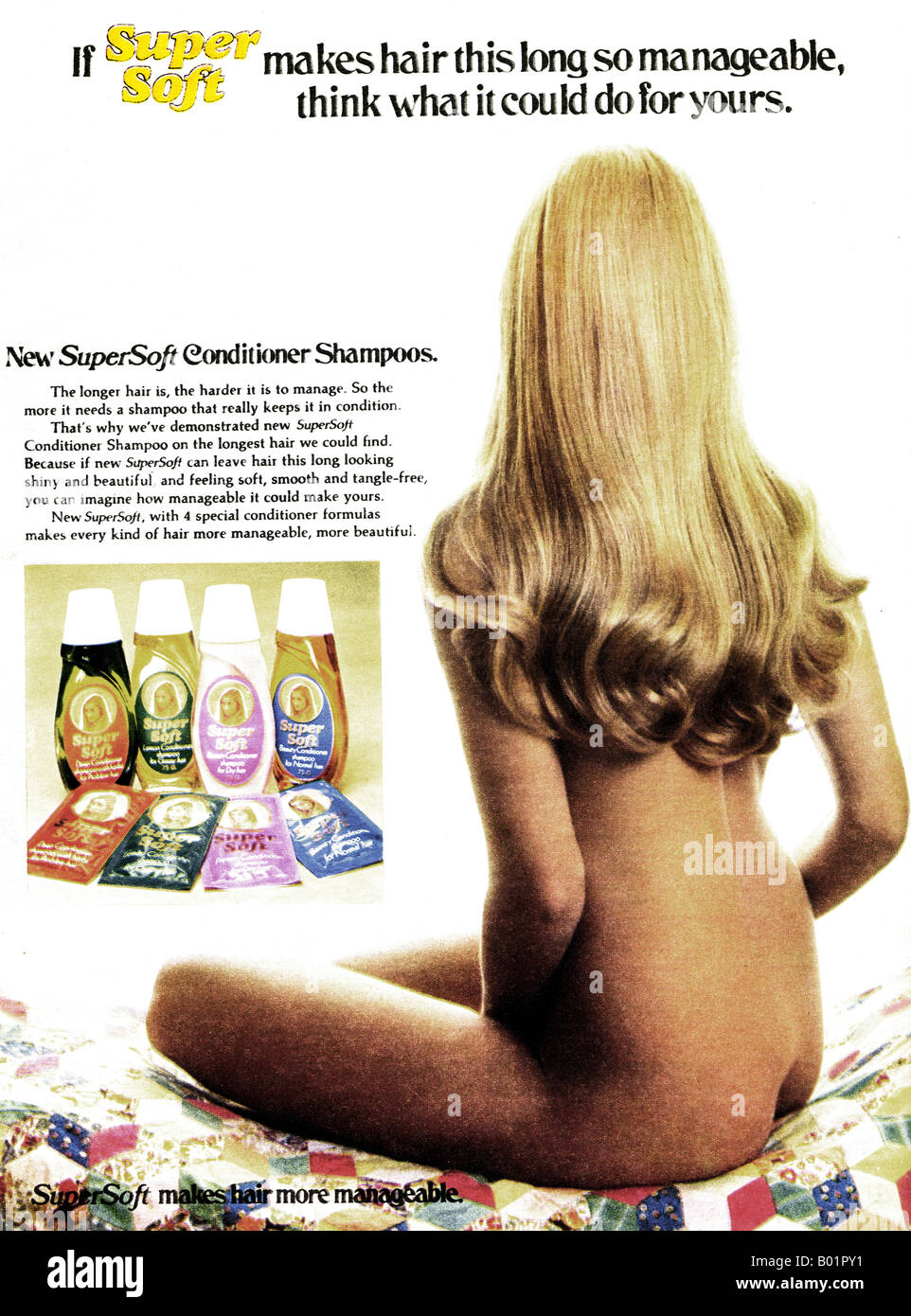 Anni Settanta annuncio rivista per SuperSoft Shampoo Balsamo 1973 per solo uso editoriale Foto Stock