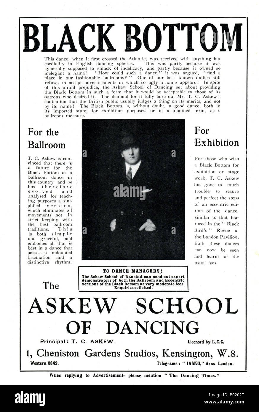 1920s annuncio per il traverso Scuola di Ballo Kensington di Londra e il fondo nero danza1927 per solo uso editoriale Foto Stock