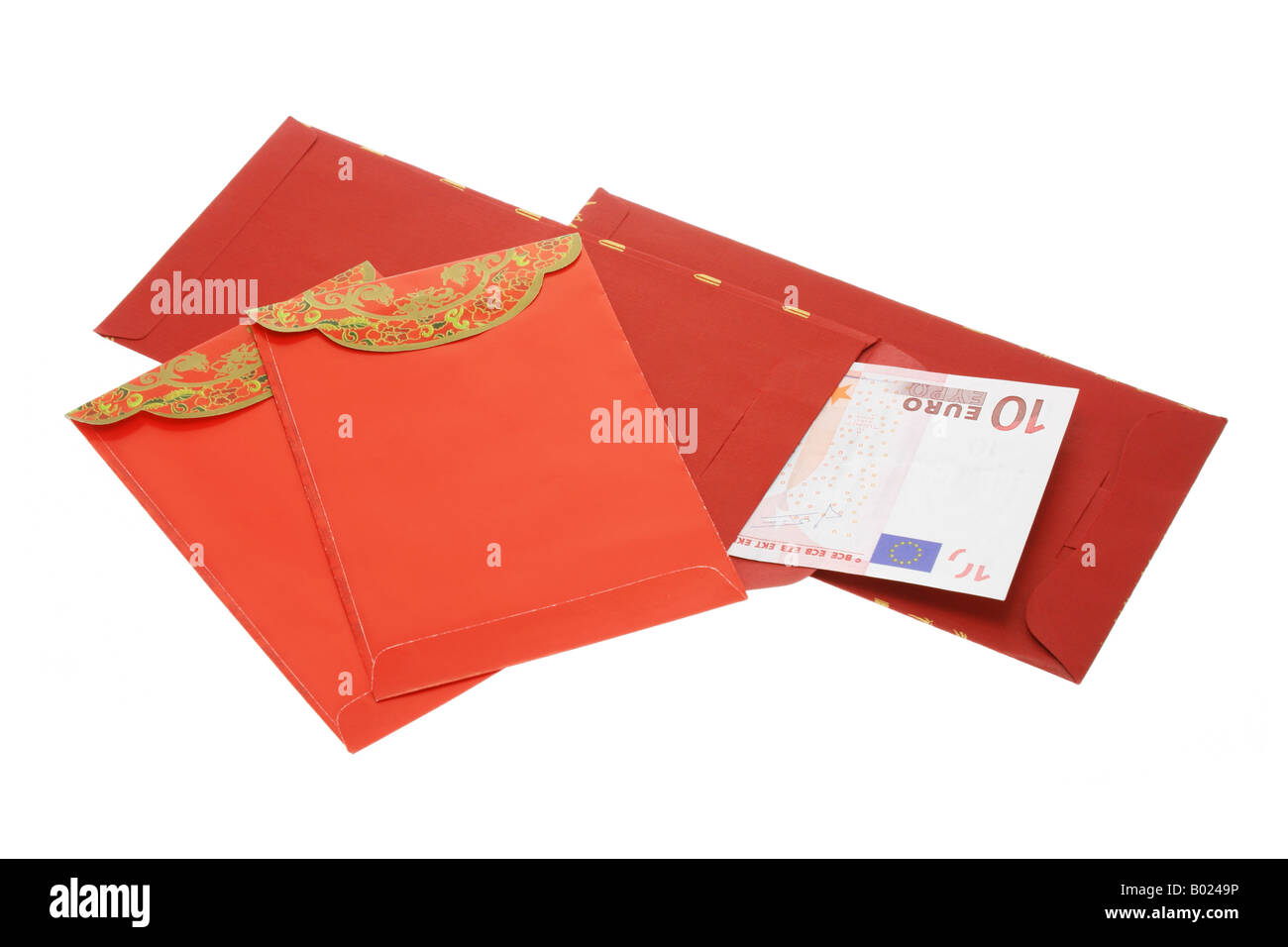 Anno Nuovo Cinese pacchetti di rosso e le banconote in euro su sfondo bianco Foto Stock